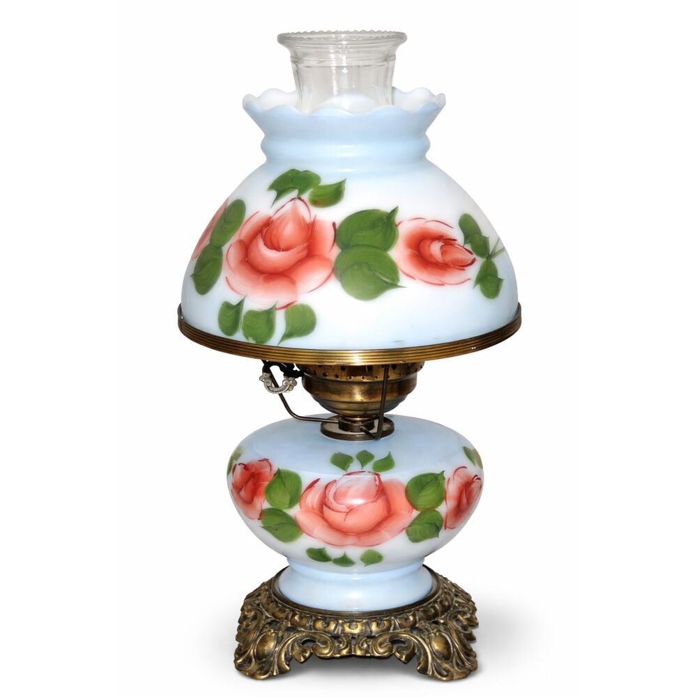 Vtg Accurate Casting Blue Hurricane Lamp 3-Way Electric 16" Handpainted Rose